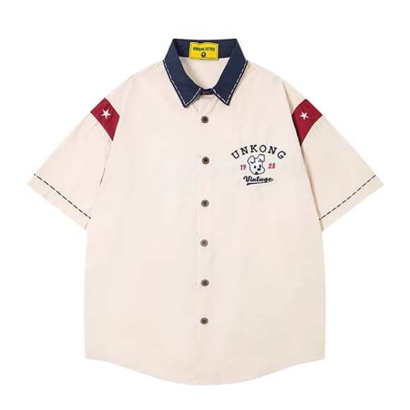 None Tops - Beige Vintage Dog Graphic Collar Shirt